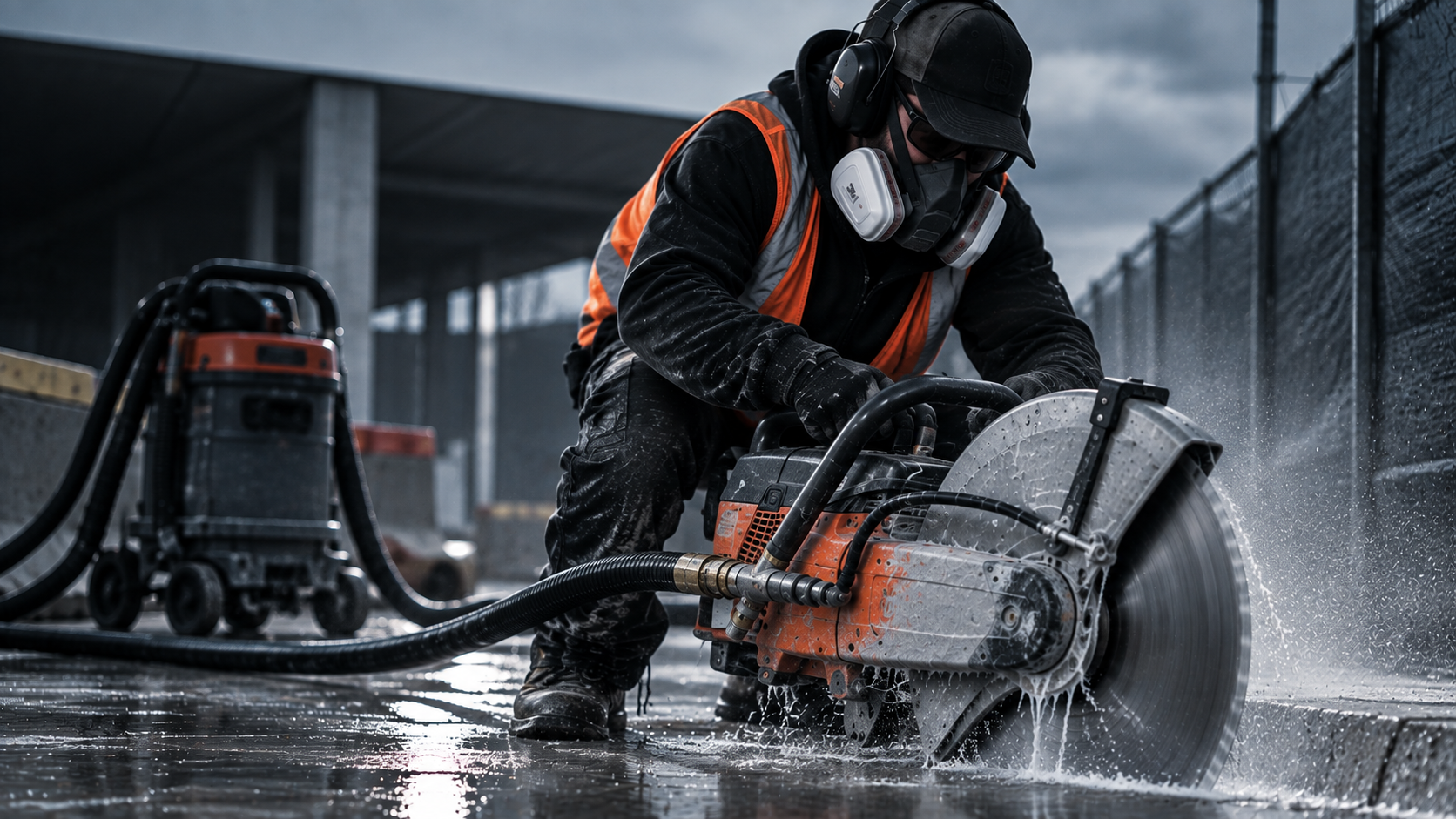 Precision Cutting operator wet cutting concrete with a dust extraction vacuum to control airborne silica dust
